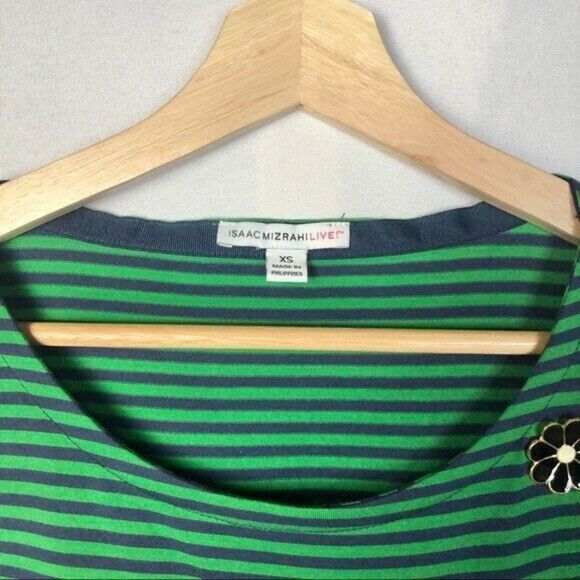 Isaac Mizrahi Live Green & Blue Striped Brooch Embellished Long Sleeve T-Shirt - Picture 5 of 6